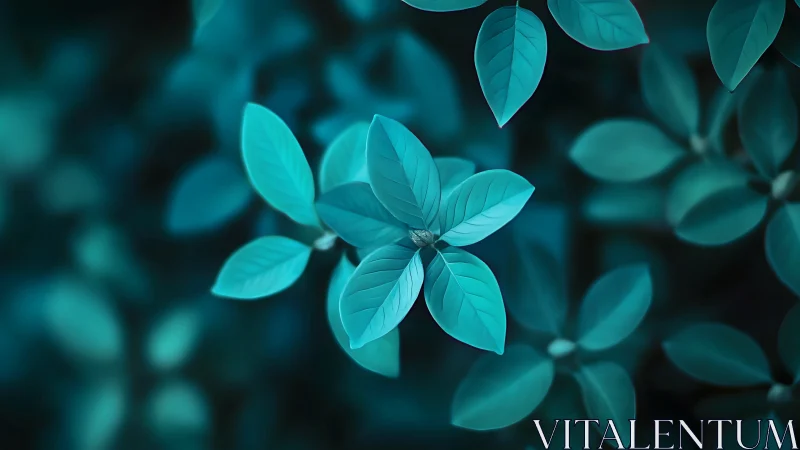 Emerald leaves drift in dreamy teal twilight hush.