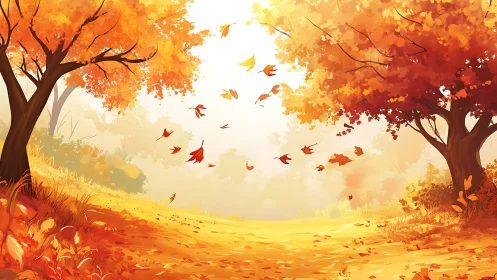 Golden wind along an autumn path of drifting leaves.