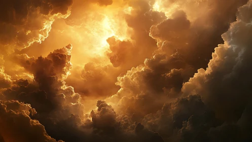 Sunlit storm clouds form dense glowing atmospheric structures.