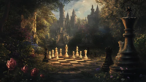 Chessboard in overgrown garden before distant castle at dusk.