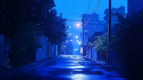 Rainy urban street glows under blue night illumination