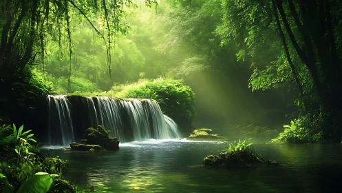 Luminous forest waterfall cascades through dense verdant canopy with streaming daylight.