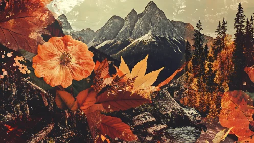 Mountain landscape is overlaid with layered autumn foliage forms