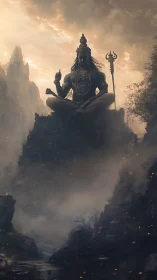 Mountainous seated deity figure above misted river valley.