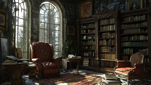 Sunlit leather chairs anchor dust-laden gothic library