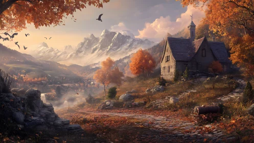 Autumn valley cottage with misty mountains and warm rim light.