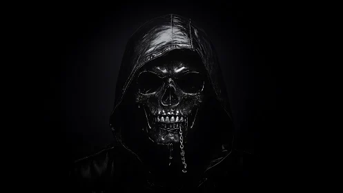 Hooded metallic skull figure centered on black background.