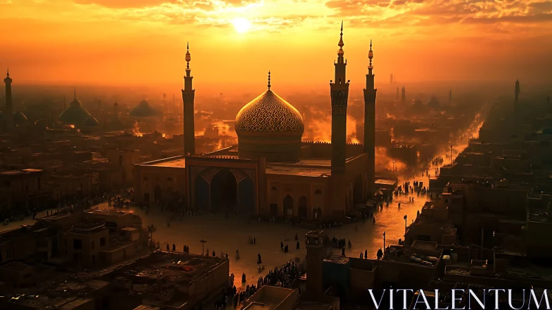 Golden domed mosque skyline under vivid sunset light.