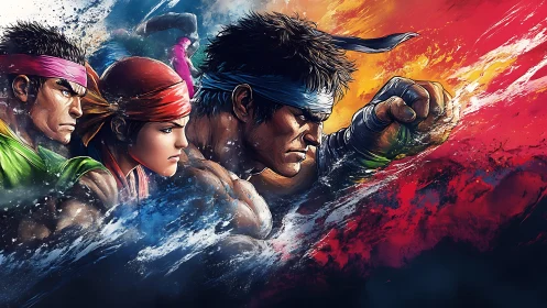 Color-swept street fighters charging through waves of energy.