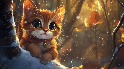 Golden Kitten in Winter Forest with Ethereal Light.