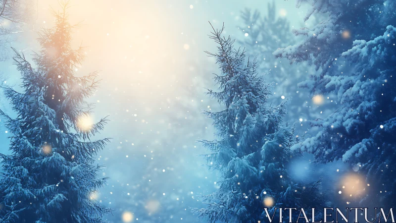 Backlit conifer forest in dense snowfall with warm bokeh glow