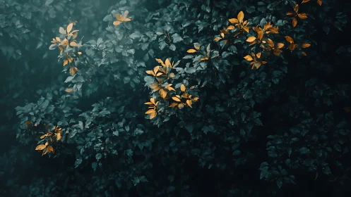 Cool-toned foliage with isolated orange leaves under moody diffusion