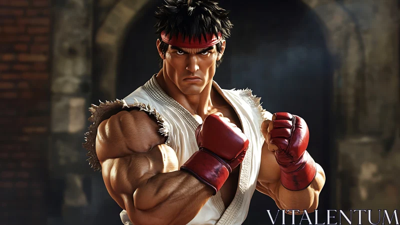 Digital close-up of muscular fighter in combat stance.