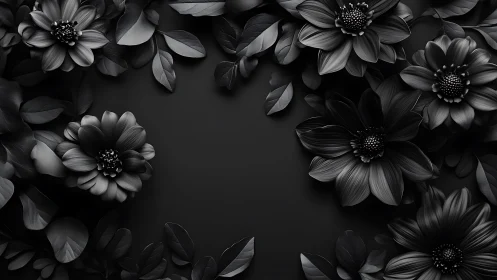 Monochrome 3D floral frame with dark sculpted petals.