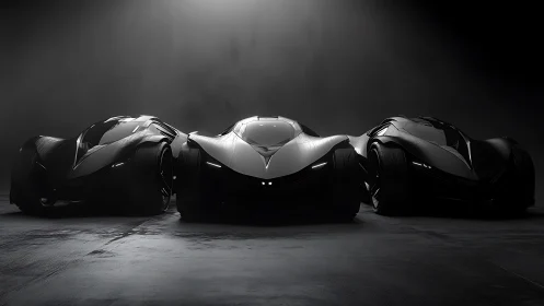 Triple black hypercars under dramatic studio spotlight.