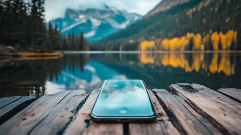 Smartphone on weathered dock mirrors vivid alpine lake panorama