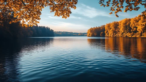 Autumn lakeside panorama with rippled water under golden foliage