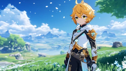 Golden haired anime adventurer in ornate armor, open meadow