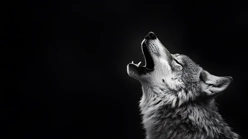 Howling wolf profile slices darkness with stark contrast.