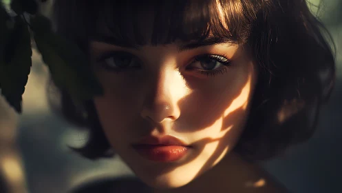 Sunlit gaze beneath leaves, where shadow paints quiet mystery.