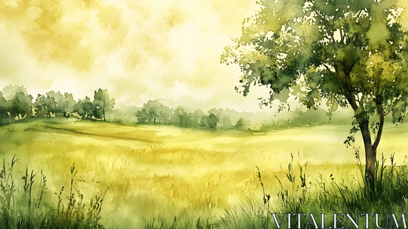 Watercolor landscape of open field with distant tree line.