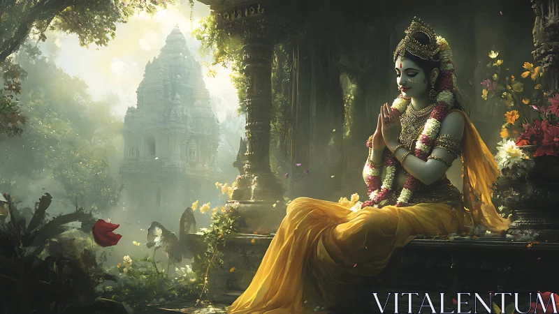 Deity figure in yellow garments near overgrown stone temple.