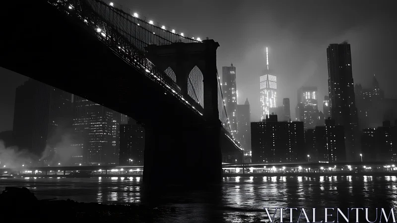Midnight bridge cuts a neon river of misty city light