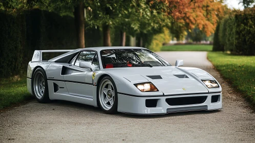 White Ferrari F40 parked on tree lined country driveway.