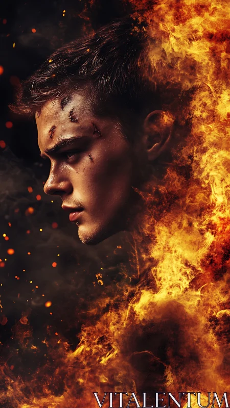 Scarred male profile emerging from dense orange flames.