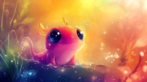 Bioluminescent axolotl portrait glows in saturated bokeh light