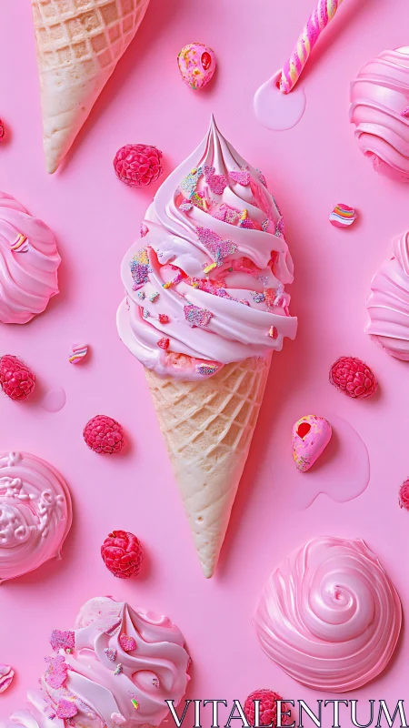High-key pink ice cream cone with raspberries and candy sprinkles