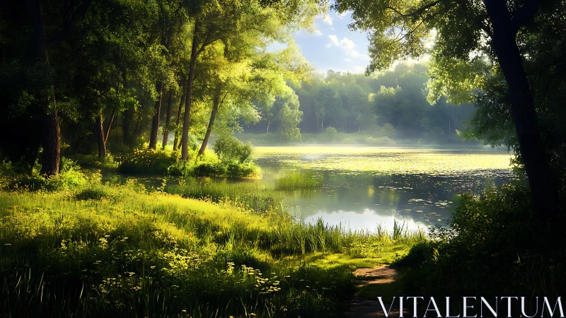 Sunlit River Forest Landscape with Morning Glow.