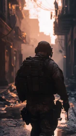 Sunlit soldier strides through a quiet, war torn city street