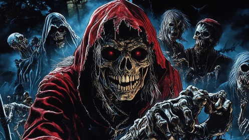 Hooded skeletal horde with glowing eyes in dark forest.