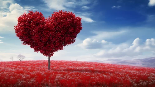 Heart-shaped tree in crimson field under blue sky.