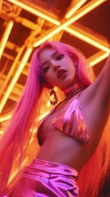 Neon-lit portrait of pink-haired figure in reflective attire