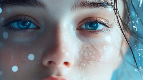 Glimmering blue eyes beneath a veil of water and light.