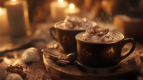 Candlelit cocoa whispers rise warmly from whipped-cream peaks