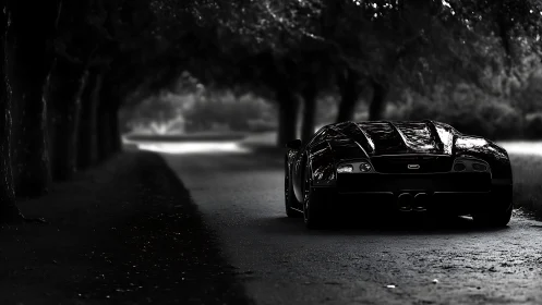 High-contrast rear supercar study under tree-lined roadway canopy