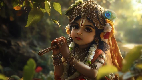 Divine child flutist in jeweled crown amid soft jungle light.