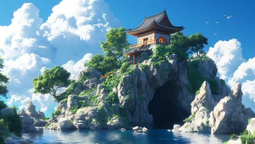 Pagoda Temple Overlooking Mountain Cove with Integrated Landscape.