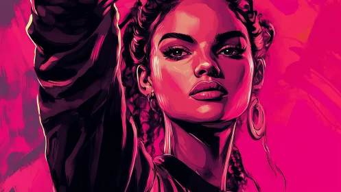 Digital portrait shows woman in high-contrast magenta lighting