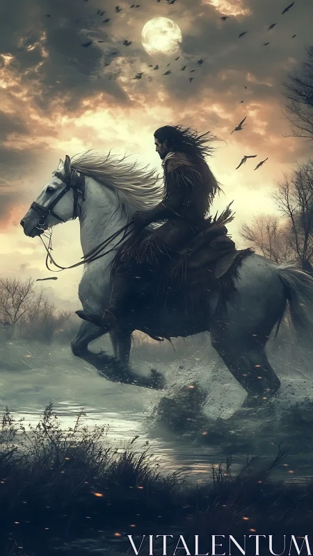 Lone rider on white horse beneath a stormy moonlit sky.