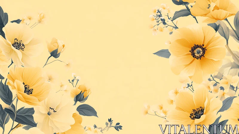 Yellow floral composition with botanical elements arranged on pale background