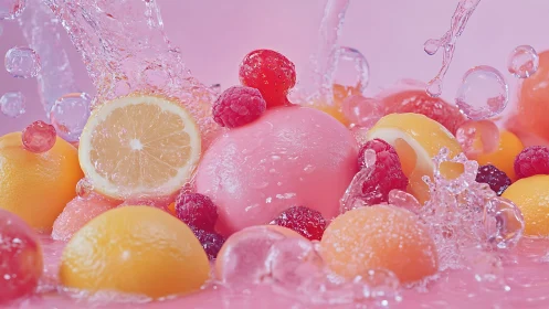 Hyperreal citrus and berry splash with glossy pink sphere