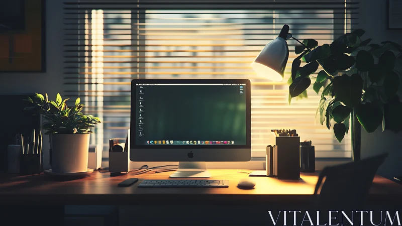 Desktop computer on wooden desk with plants and lamp in office