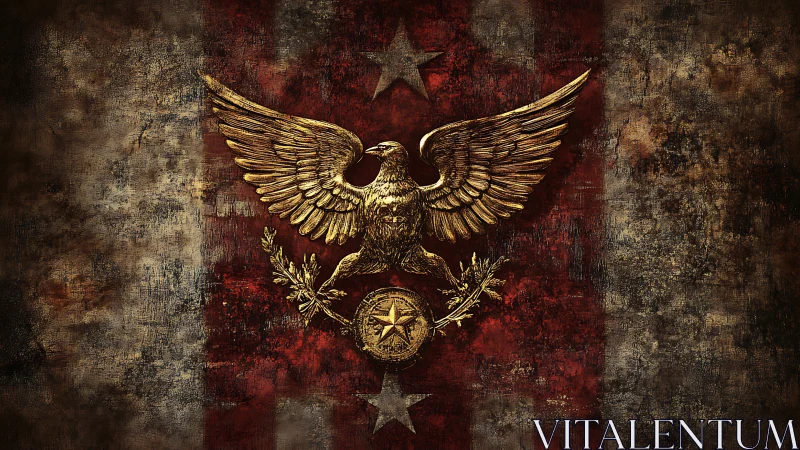 Gold eagle emblem is centered on worn red striped field