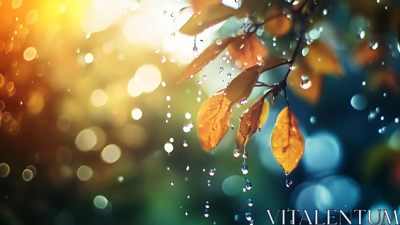 Golden autumn leaves with rain droplets in soft bokeh.