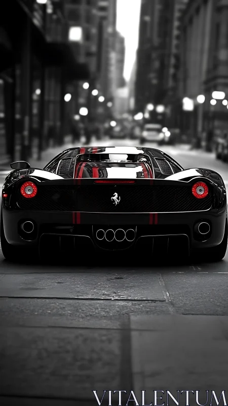 Photorealistic rear supercar study in monochrome urban depth.