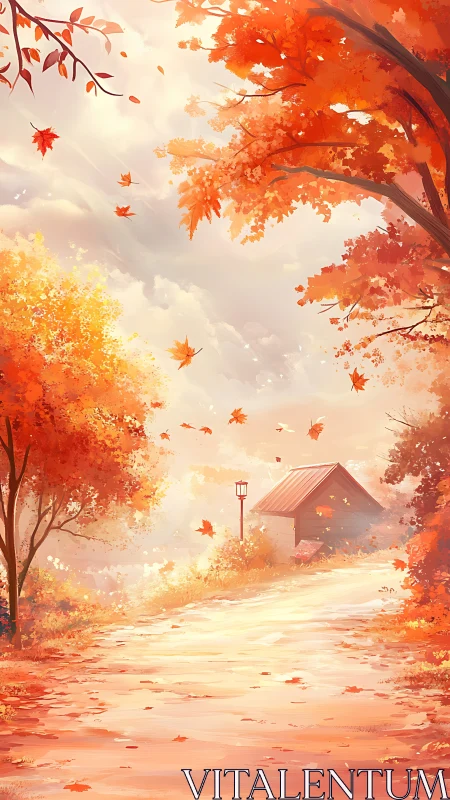 Golden autumn lane leading to a quiet cottage retreat.